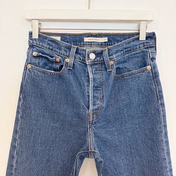 Levi’s Wedgie Straight Leg Dark Wash Blue Jeans Button Fly Raw Hem Pink Size 27 - Picture 3 of 9